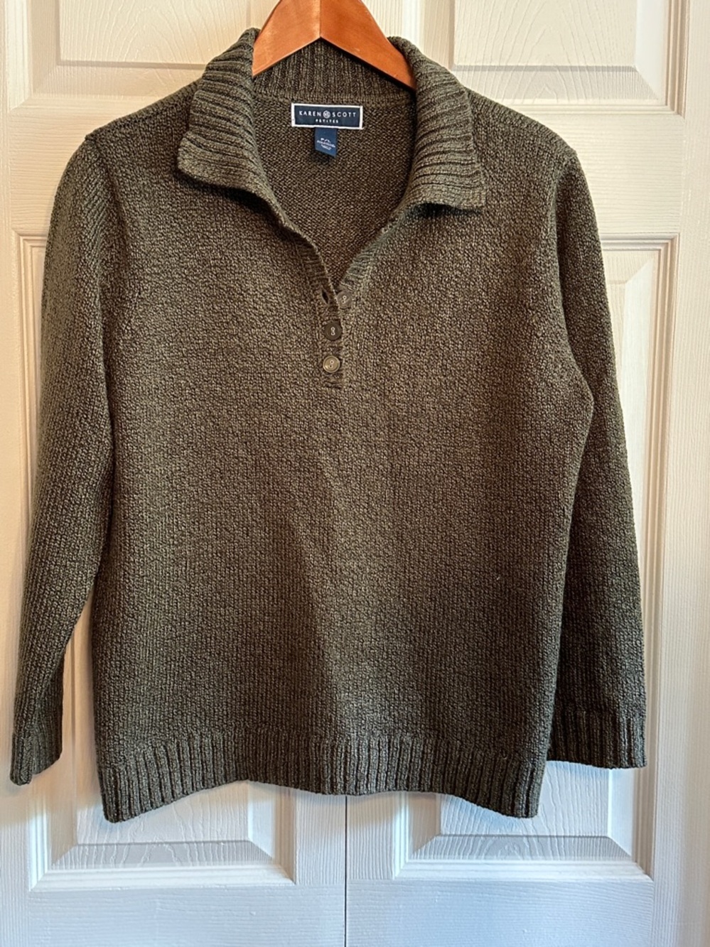 Karen Scott Olive Green Half-Placket Knit Sweater
